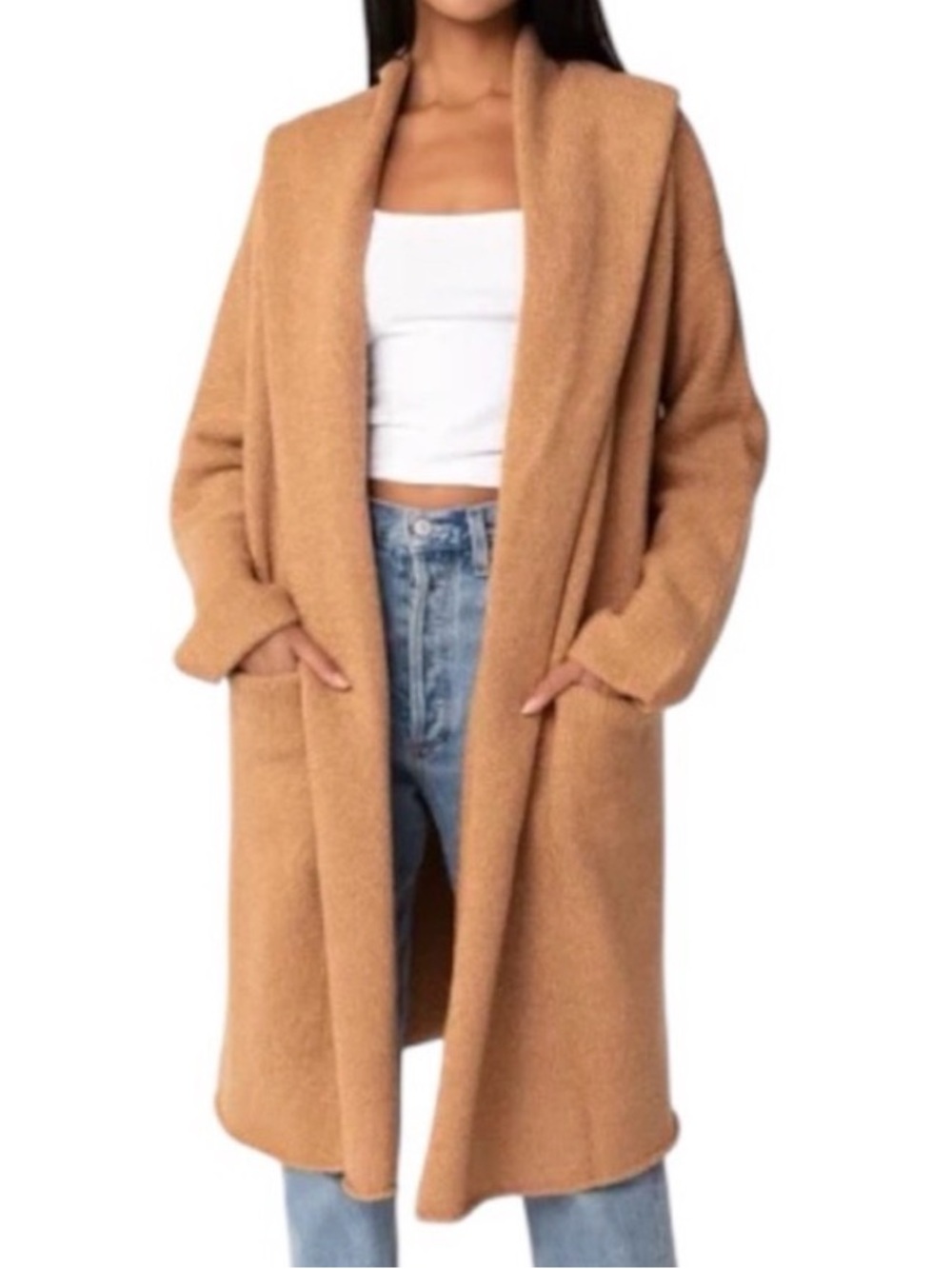 LOVESTITCH Lennox Golden Beige Open Front Hooded Duster Coatigan Cardigan O/S